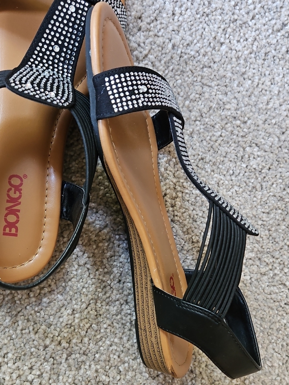 Bongo Rhinestone T-Strap Flat Sandals - Black/Tan Size 7 - Picture 5 of 7